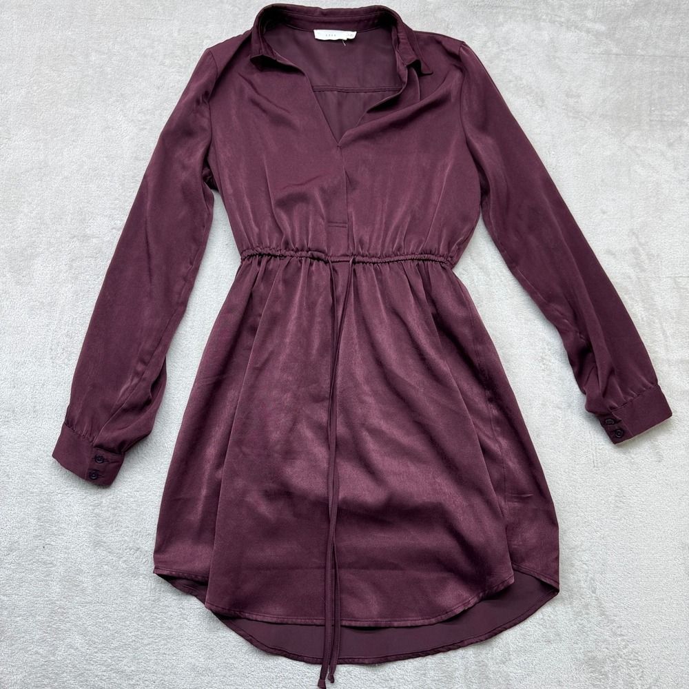 Lush Dress Women's Medium Mini  Plum Satin Long Sleeve Elastic Waist V-Neck Date